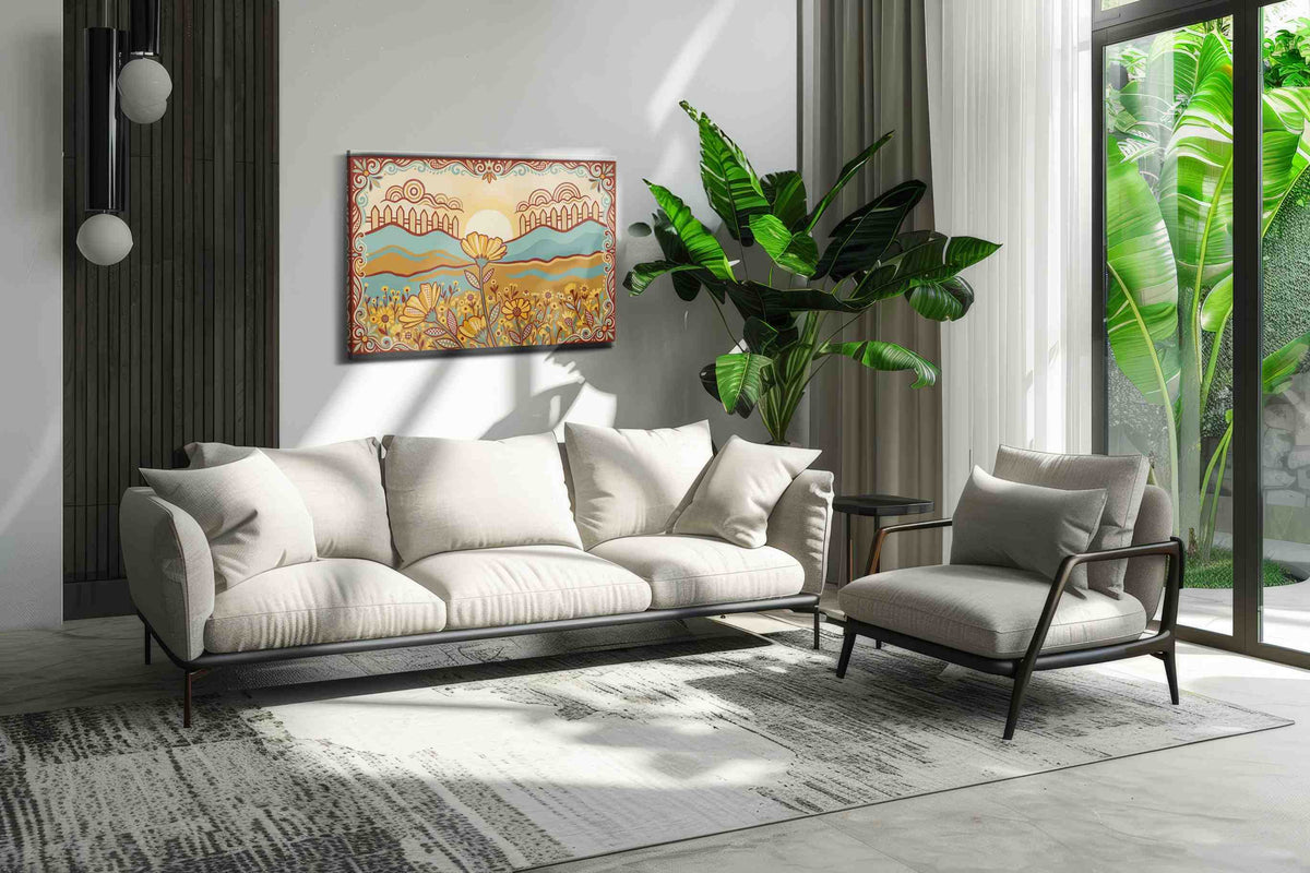 Sunrise Over Marigold Meadow sunflower canvas wall art displayed above a bed in a contemporary bedroom