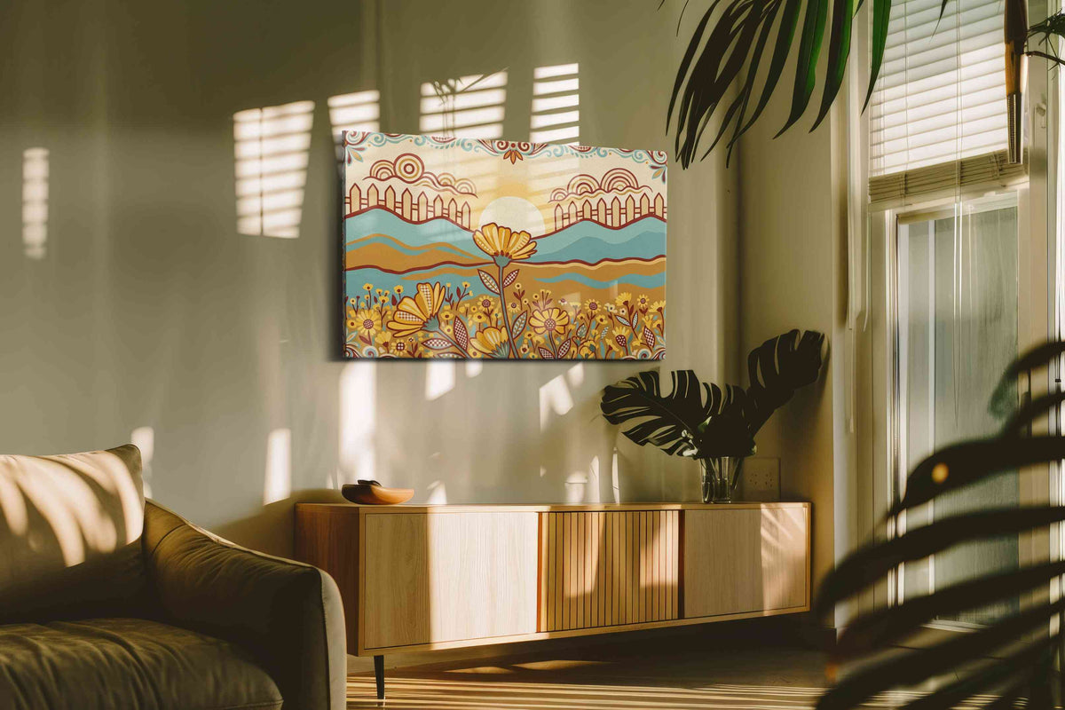 Sunrise Over Marigold Meadow sunflower canvas wall art shown hanging in a styled interior
