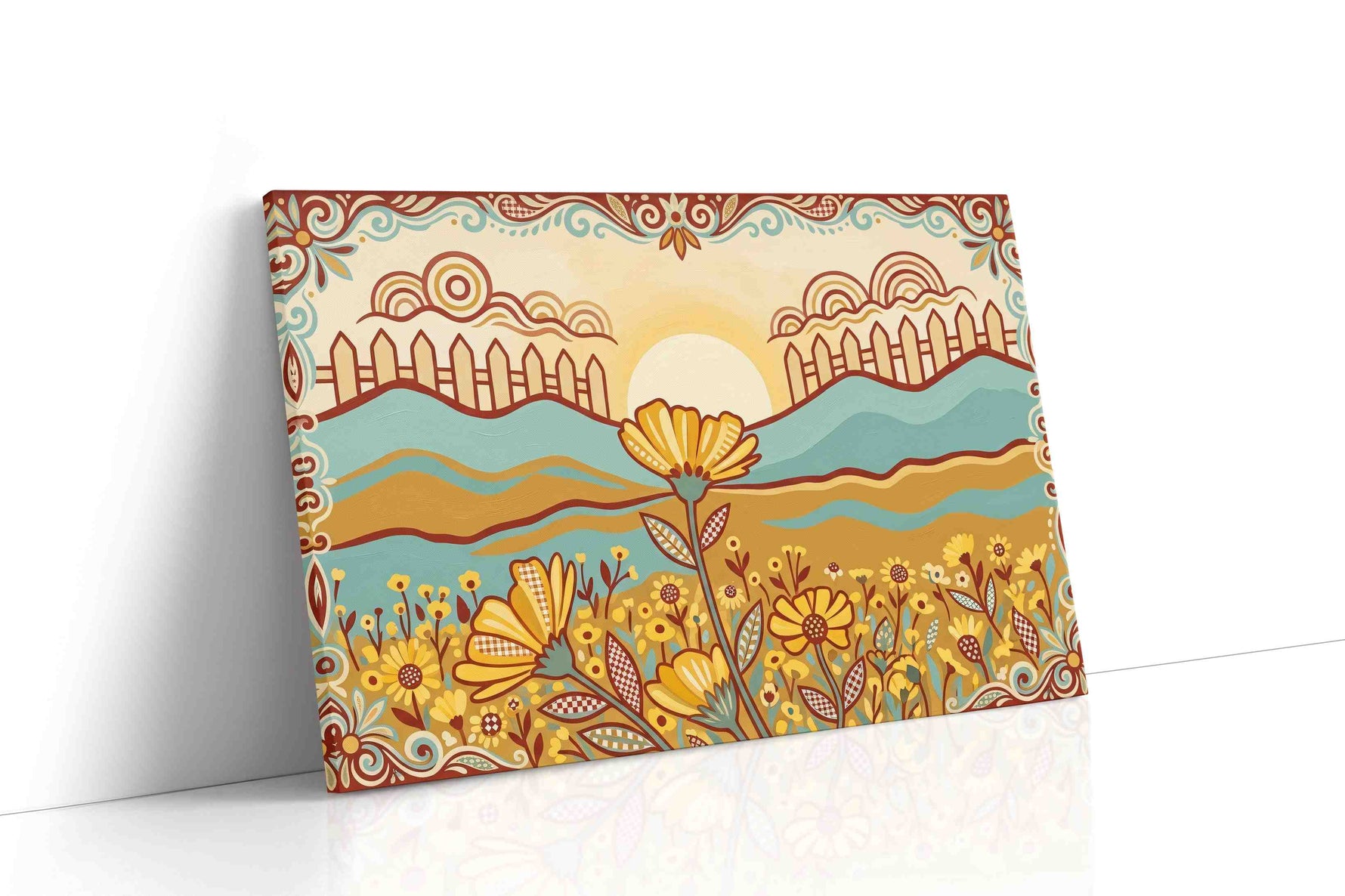 Sunrise Over Marigold Meadow sunflower canvas wall art displayed above a sofa in a modern living room