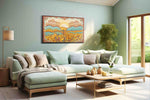 Sunrise Over Marigold Meadow sunflower canvas wall art shown in a wall scene