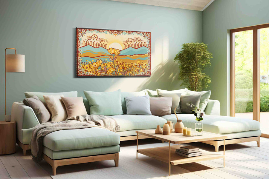 Sunrise Over Marigold Meadow sunflower canvas wall art shown in a wall scene
