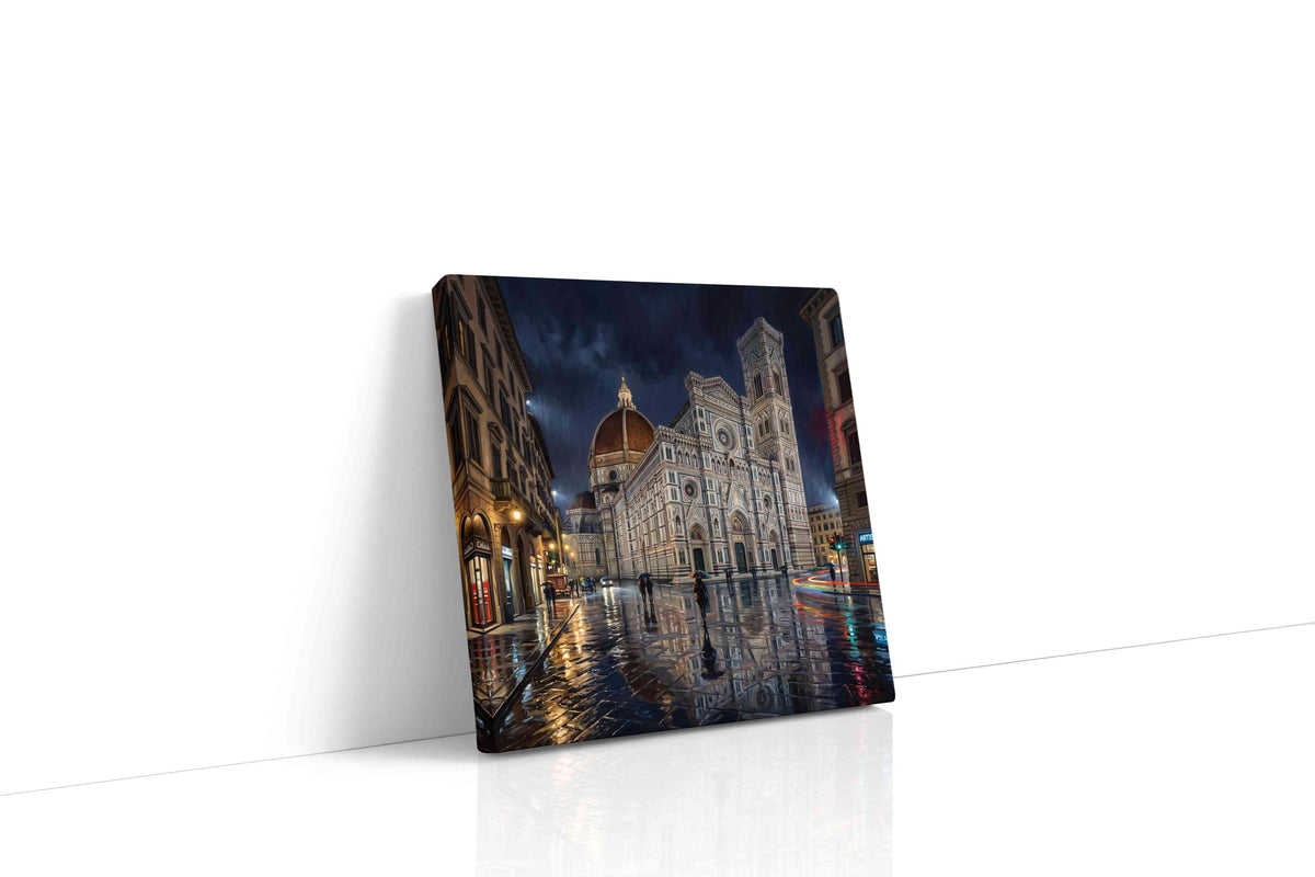 Florence After the Downpour urban canvas wall art displayed above a bed in a contemporary bedroom