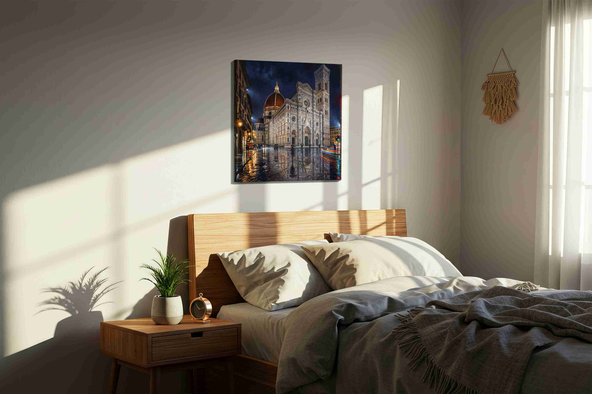Florence After the Downpour urban canvas wall art displayed above a bed in a styled bedroom scene