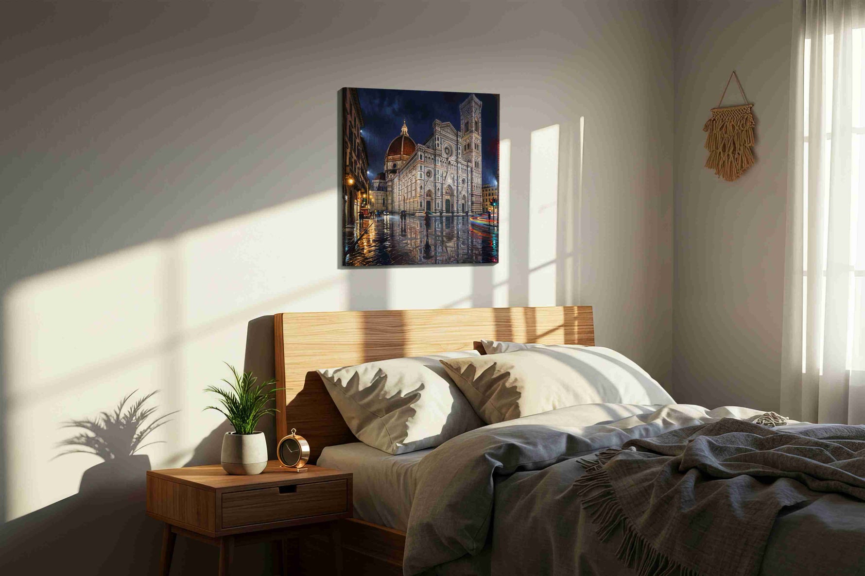 Florence After the Downpour urban canvas wall art displayed above a bed in a styled bedroom scene