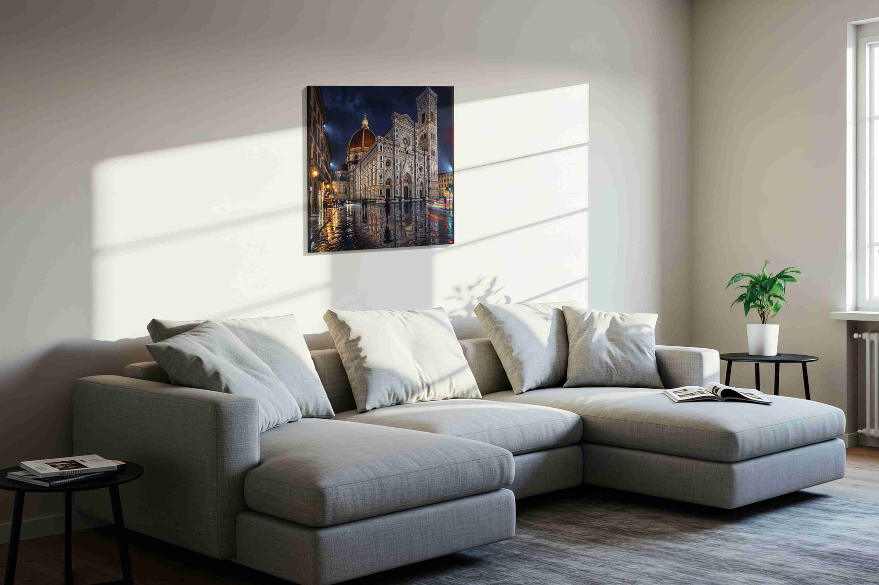 Florence After the Downpour urban canvas wall art styled in a living room