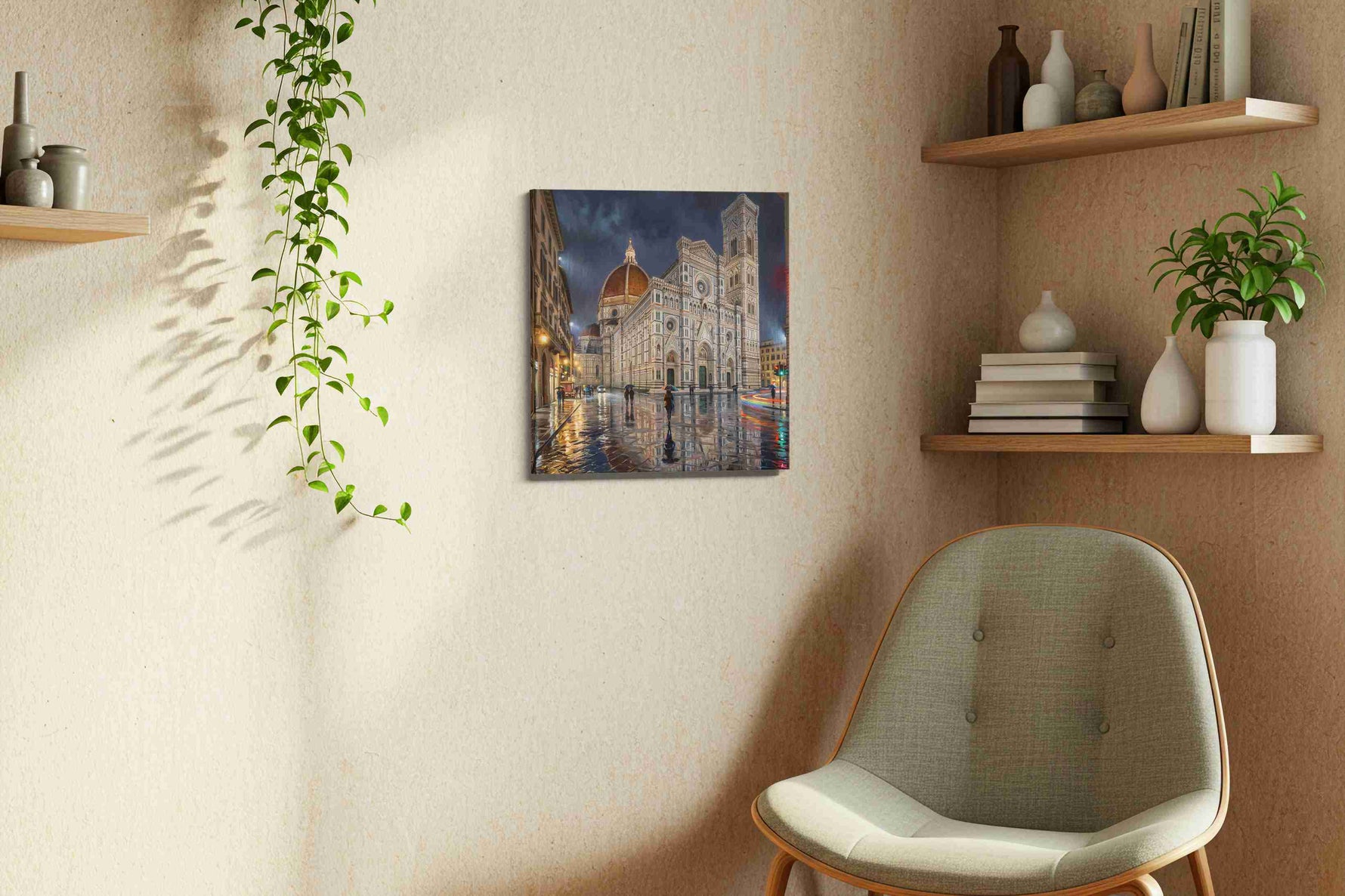 Florence After the Downpour urban canvas wall art shown hanging in a sleek modern interior