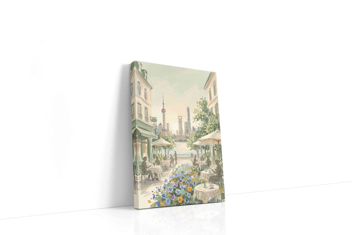 Shanghai Café Serenade urban canvas wall art displayed above a sofa in a modern living room