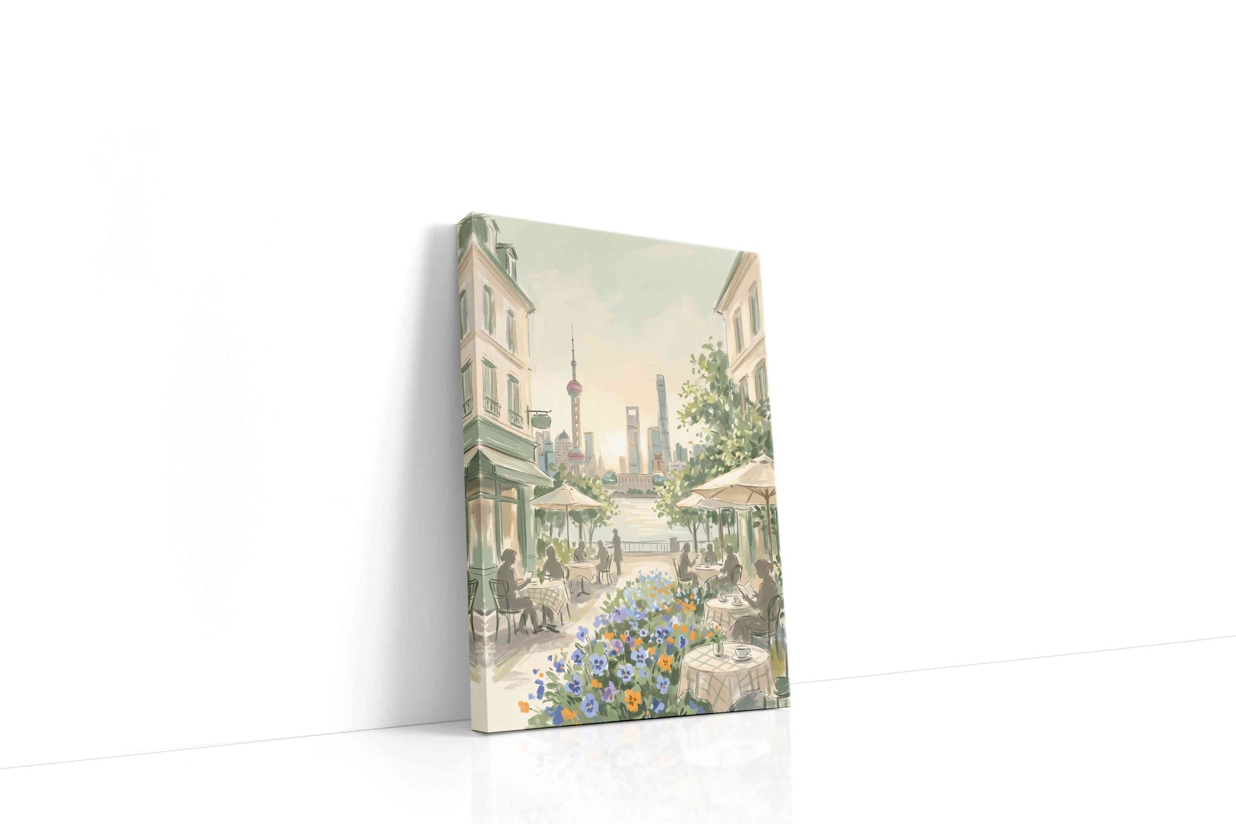 Shanghai Café Serenade urban canvas wall art displayed above a sofa in a modern living room