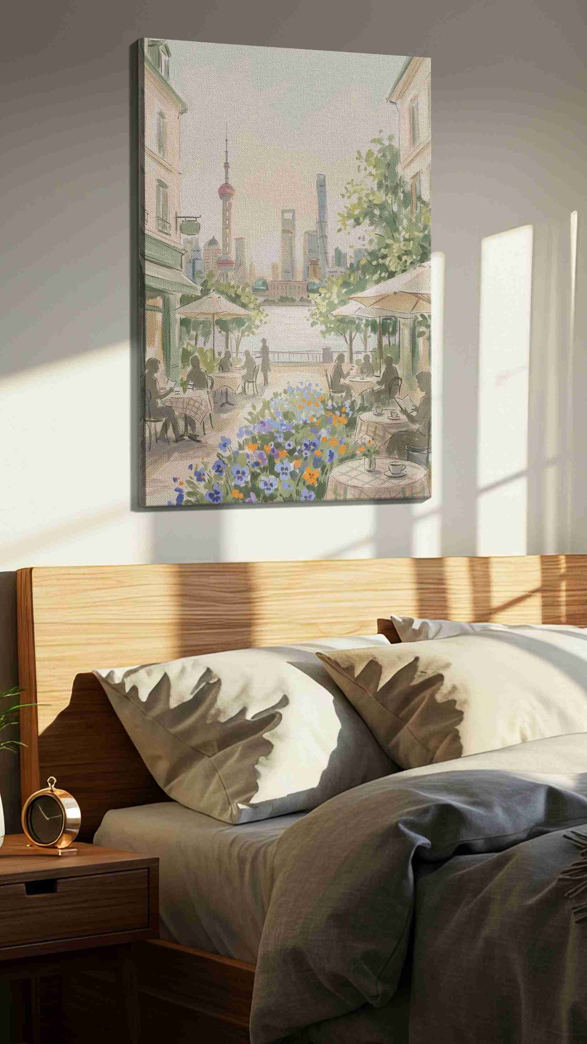 Shanghai Café Serenade urban canvas wall art displayed above a bed in a styled bedroom scene