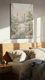 Shanghai Café Serenade urban canvas wall art displayed above a bed in a styled bedroom scene