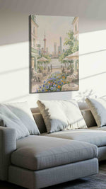 Shanghai Café Serenade urban canvas wall art displayed above a sofa in a styled living room scene
