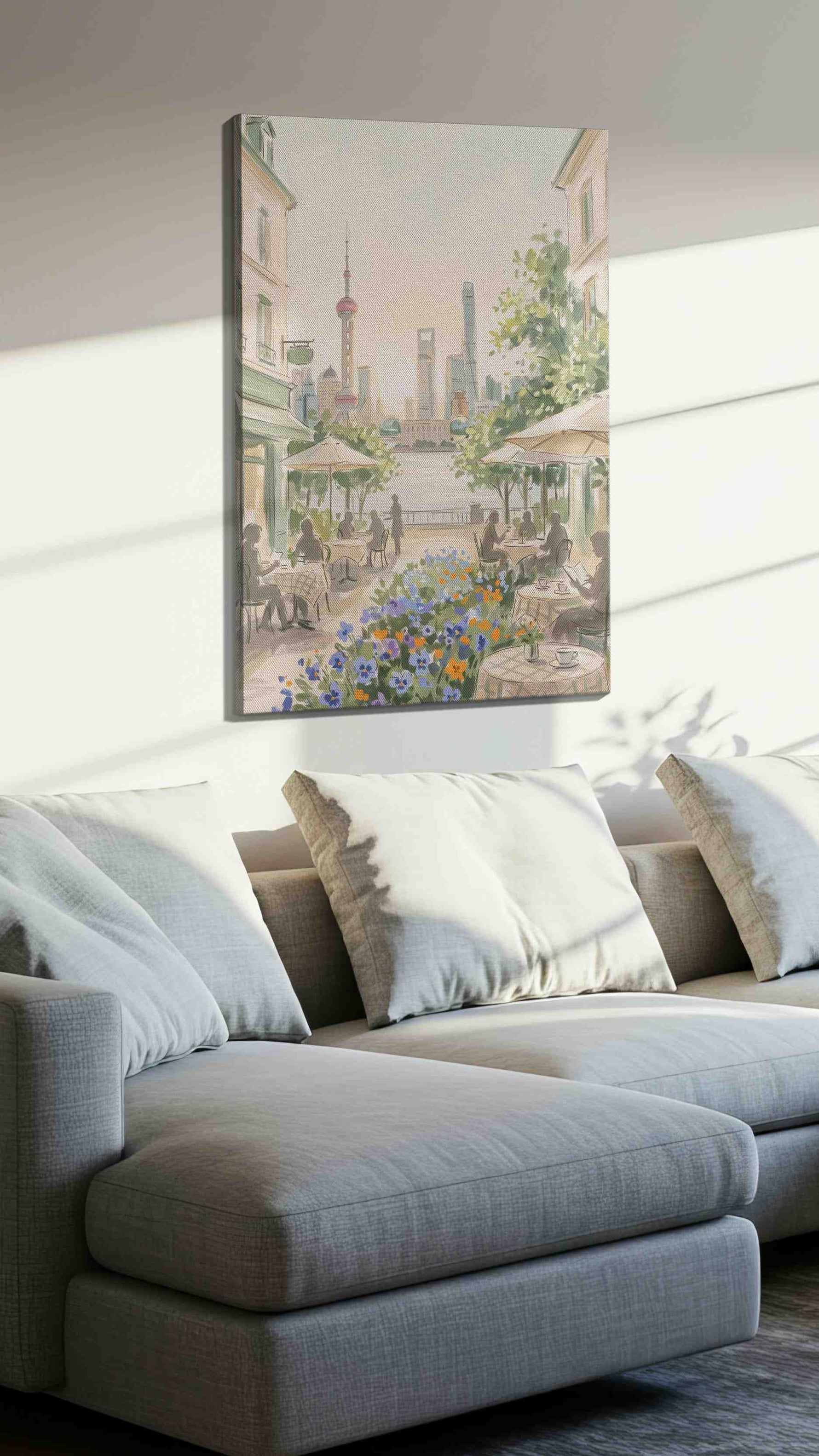 Shanghai Café Serenade urban canvas wall art displayed above a sofa in a styled living room scene
