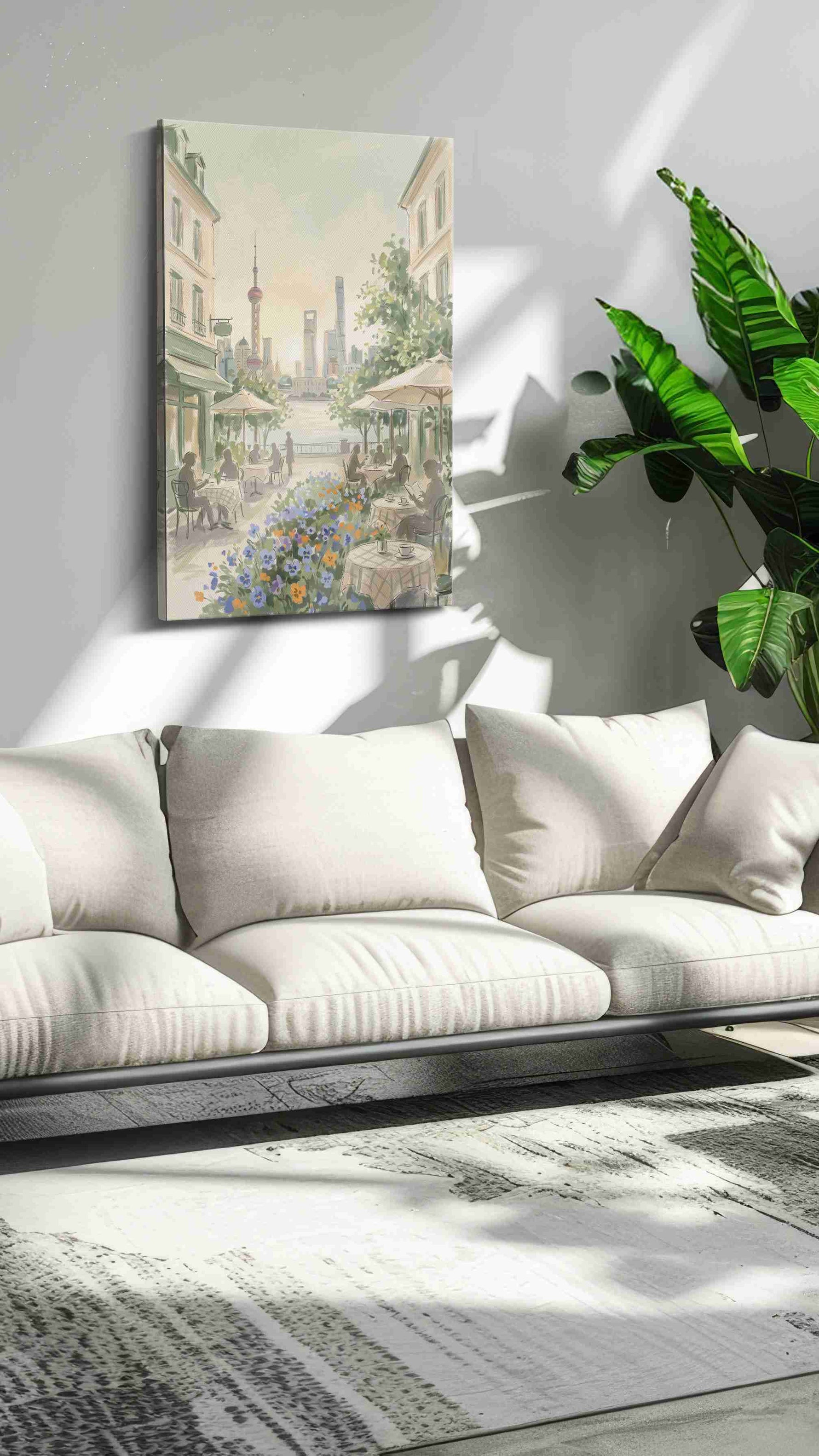 Shanghai Café Serenade urban canvas wall art in a modern interior mockup