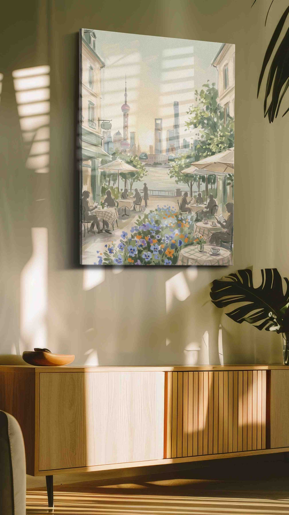 Shanghai Café Serenade urban canvas wall art in a contemporary interior mockup