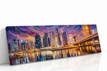 Violet Currents of the Skyline urban canvas wall art displayed above a bed in a contemporary bedroom