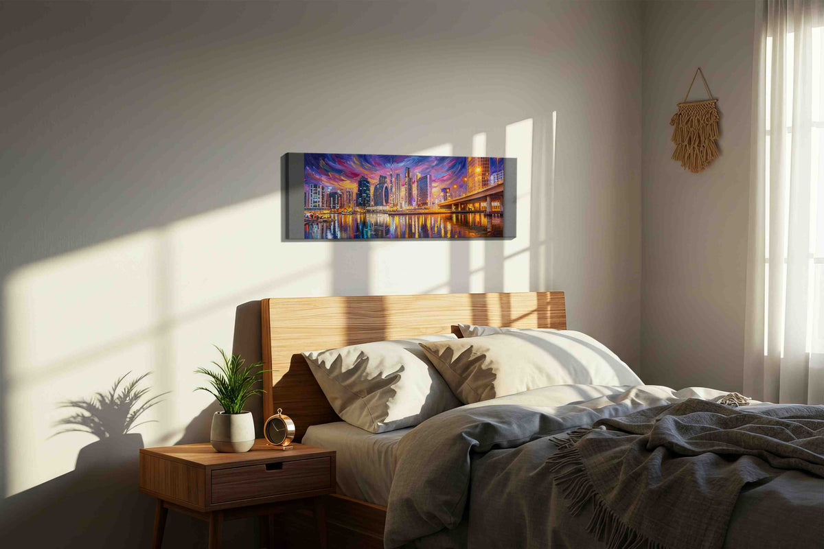 Violet Currents of the Skyline urban canvas wall art styled in a bedroom