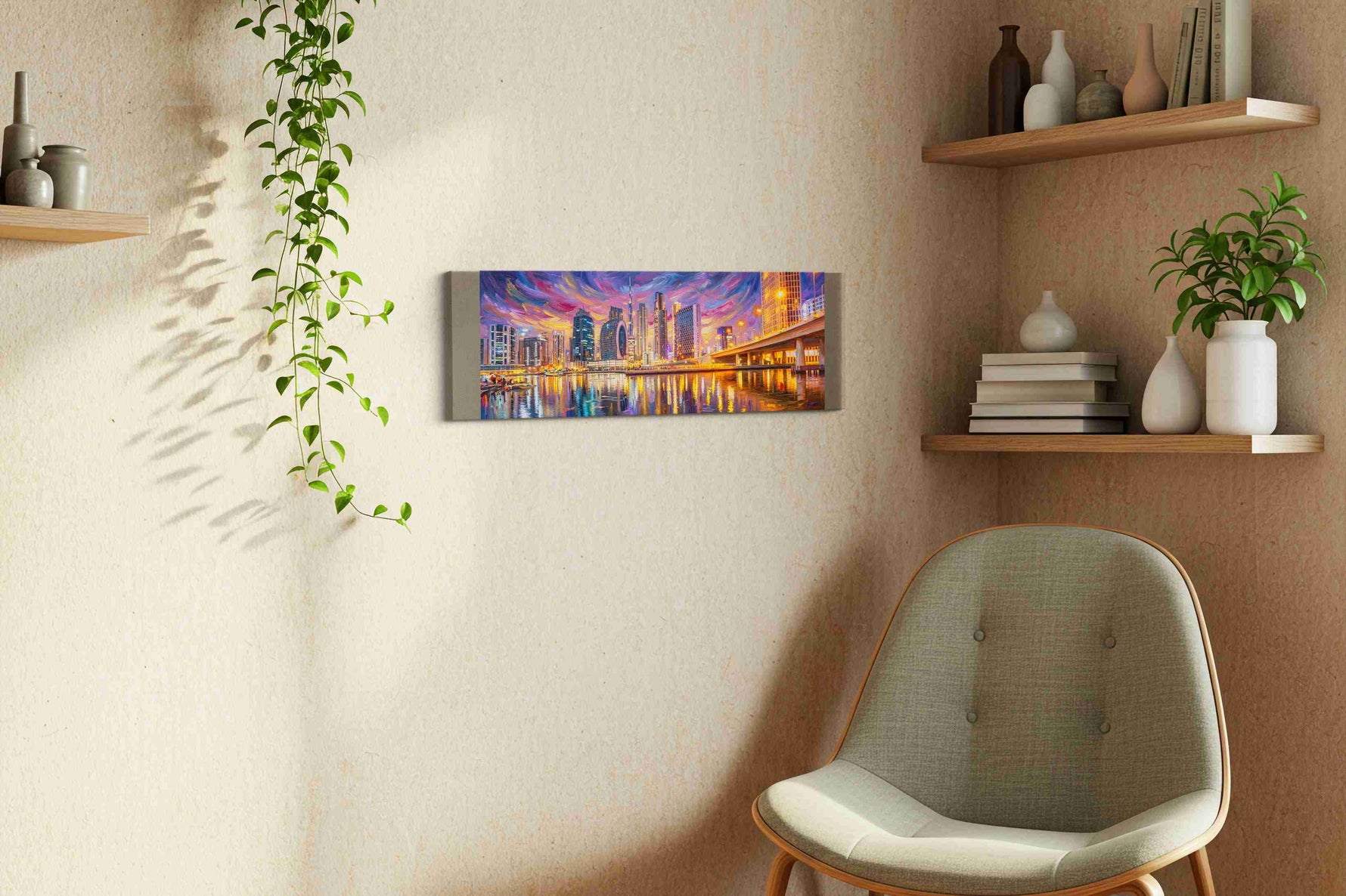 Violet Currents of the Skyline urban canvas wall art displayed above a sofa in a modern living room