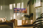Violet Currents of the Skyline urban canvas wall art shown hanging in a sleek modern interior