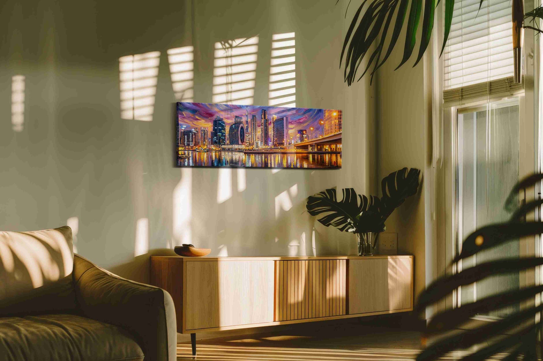 Violet Currents of the Skyline urban canvas wall art shown hanging in a sleek modern interior