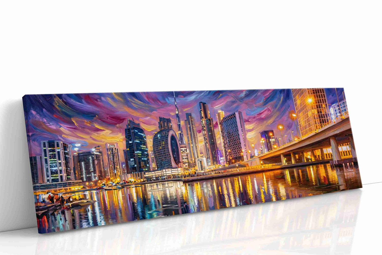 Violet Currents of the Skyline urban canvas wall art gallery-wrapped landscape canvas studio shot