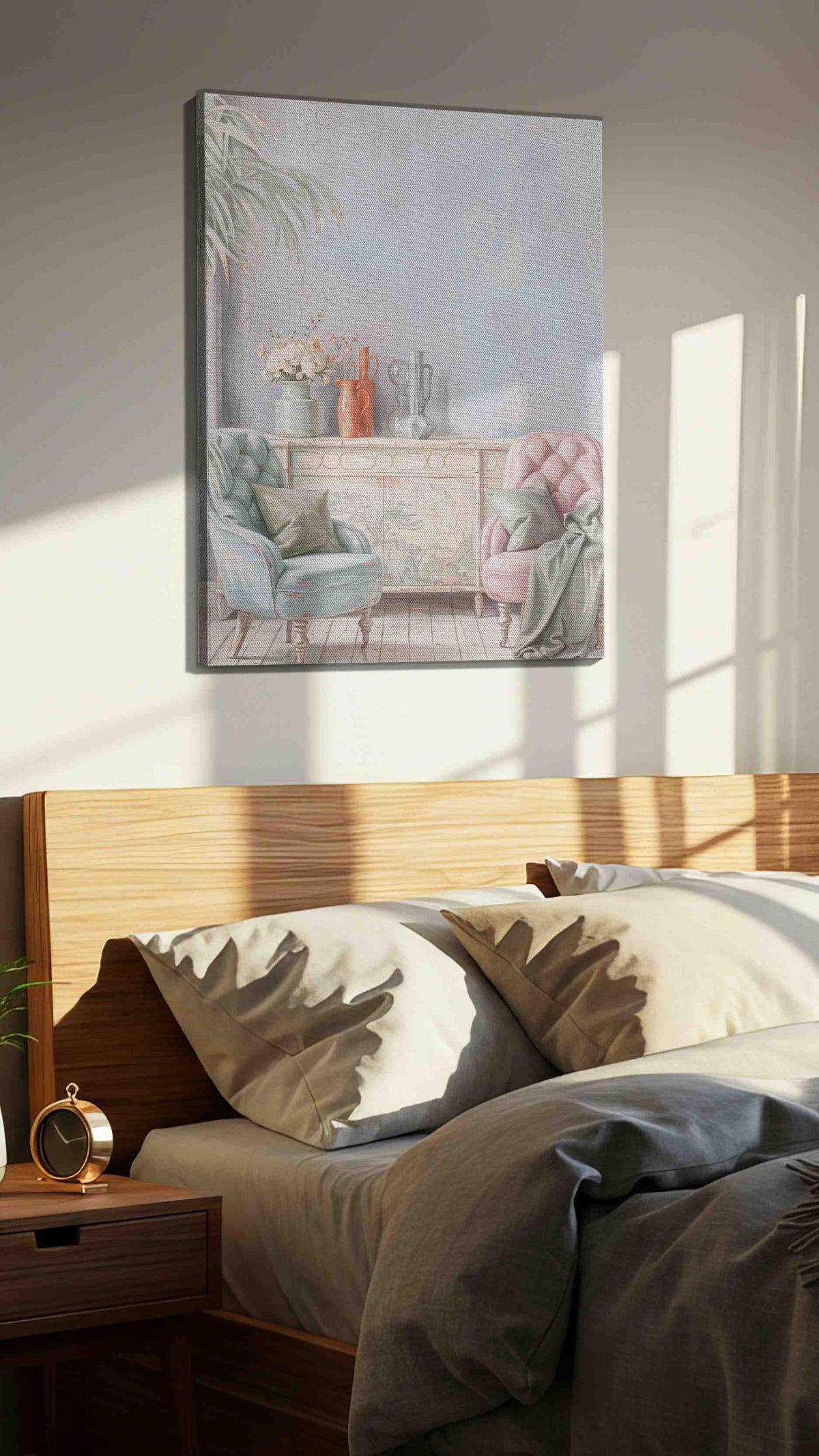 Blush & Blue Reverie vintage canvas wall art displayed above a bed in a styled bedroom scene