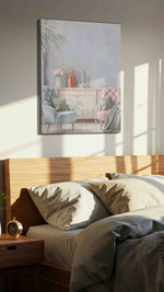Blush & Blue Reverie vintage canvas wall art displayed above a bed in a styled bedroom scene