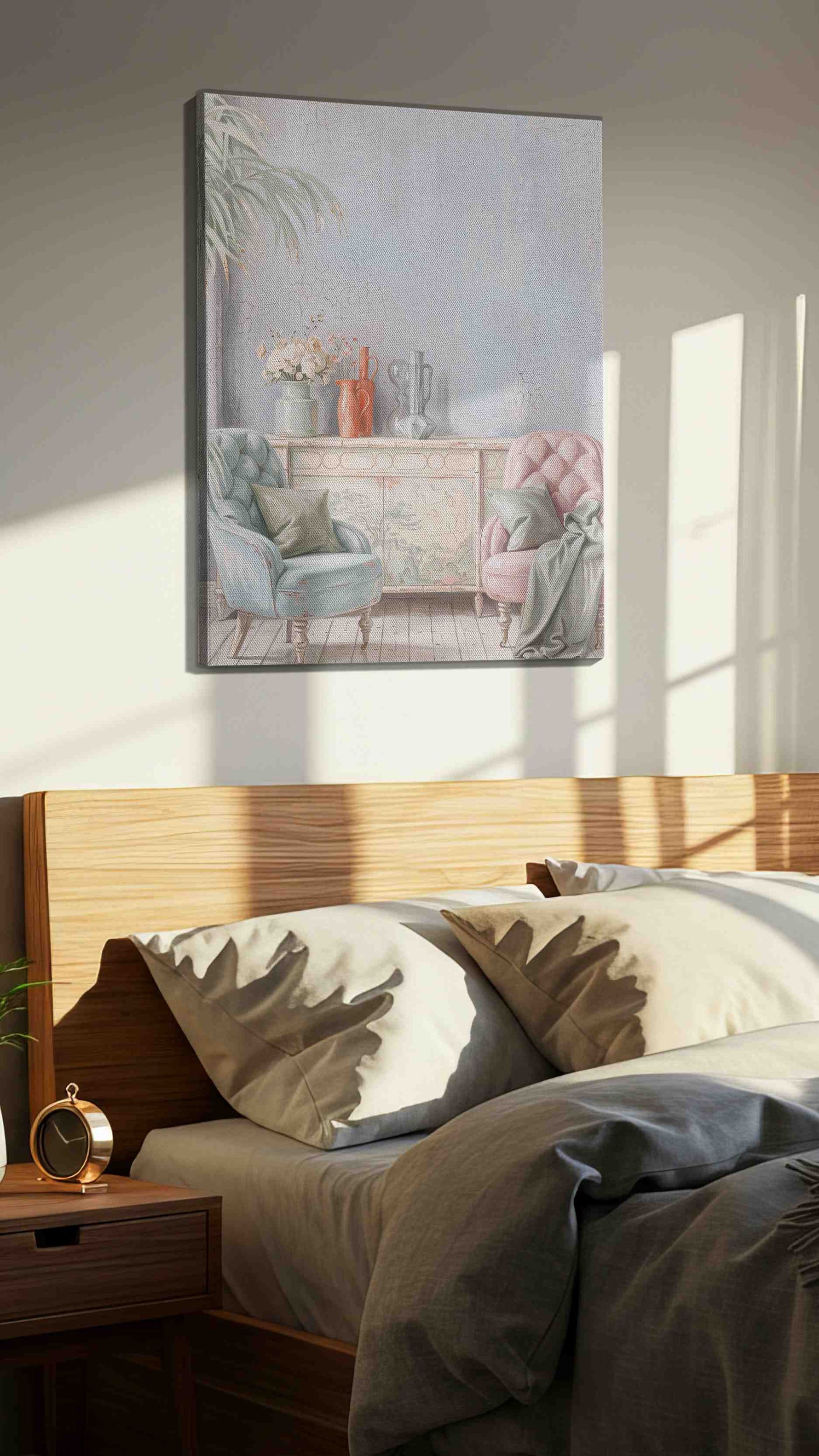 Blush & Blue Reverie vintage canvas wall art displayed above a bed in a styled bedroom scene