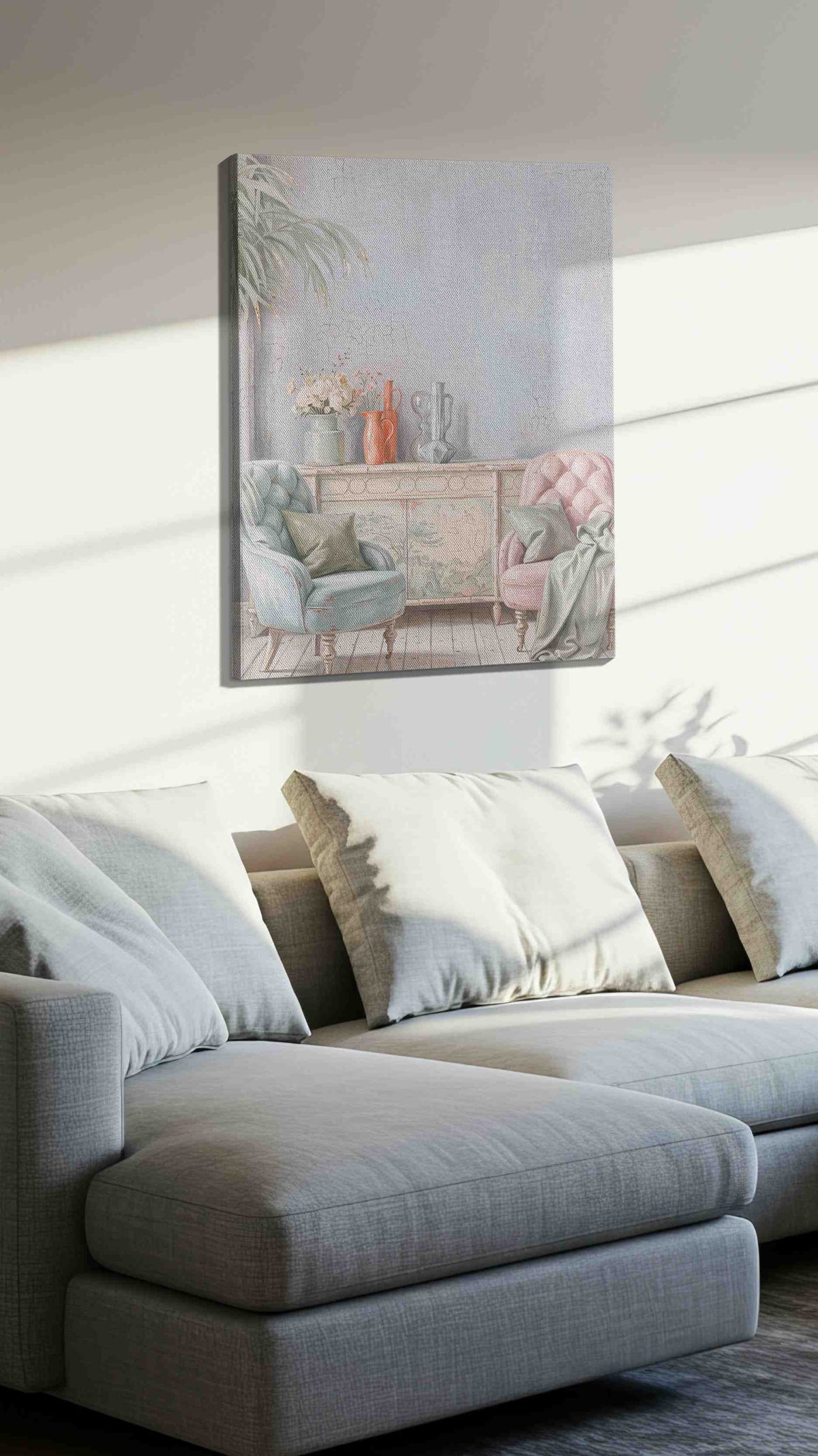 Blush & Blue Reverie vintage canvas wall art displayed above a sofa in a styled living room scene