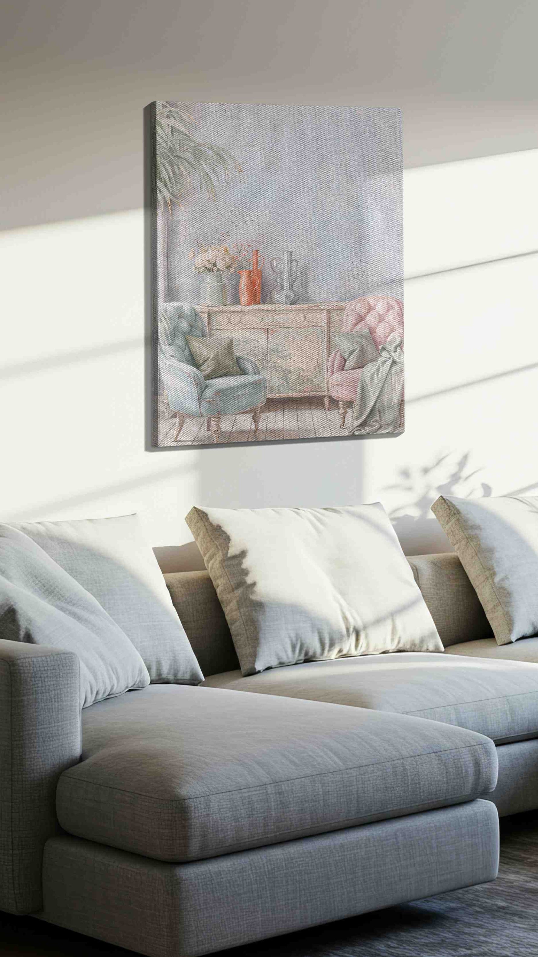 Blush & Blue Reverie vintage canvas wall art displayed above a sofa in a styled living room scene