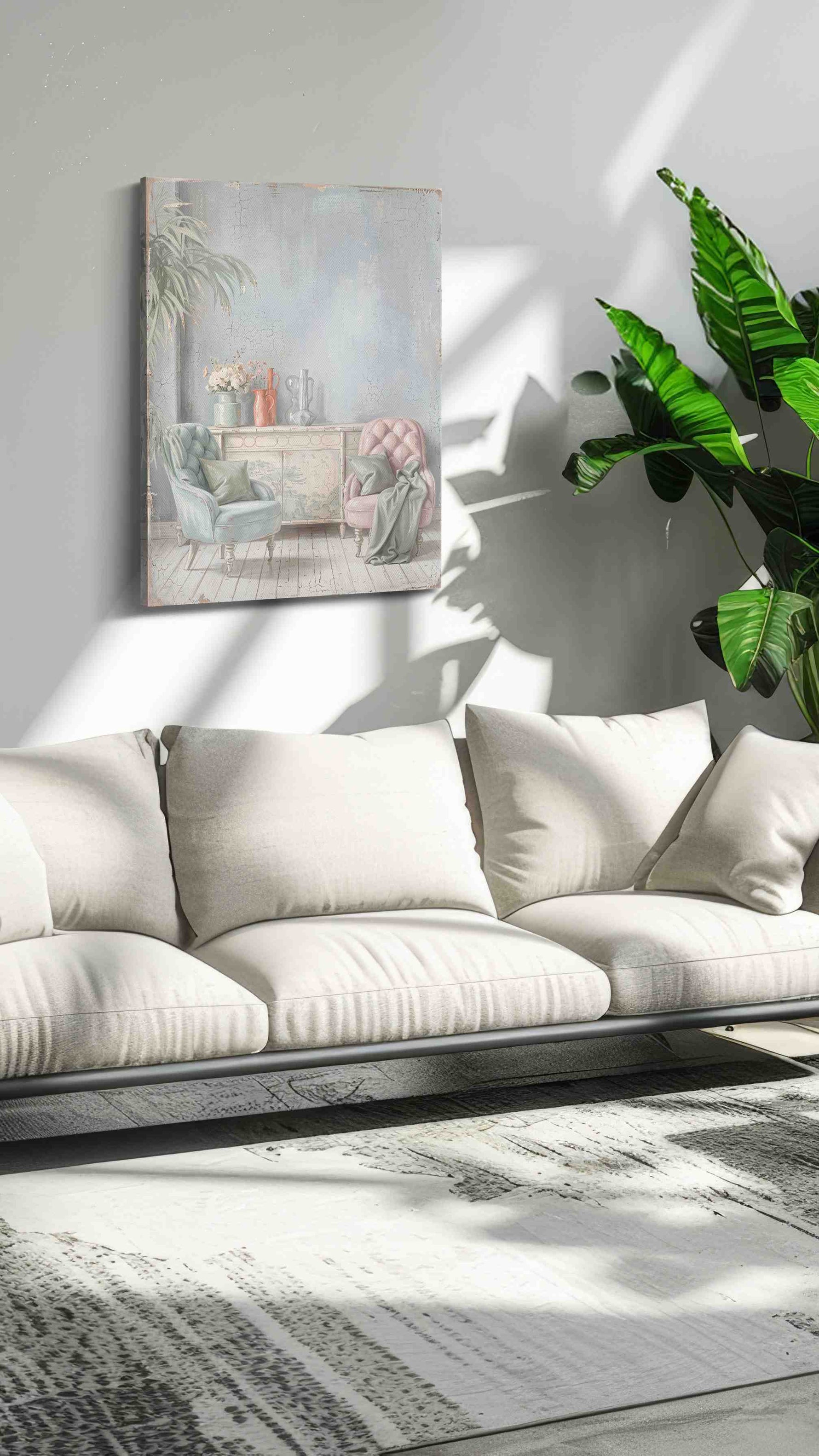 Blush & Blue Reverie vintage canvas wall art in a modern interior mockup