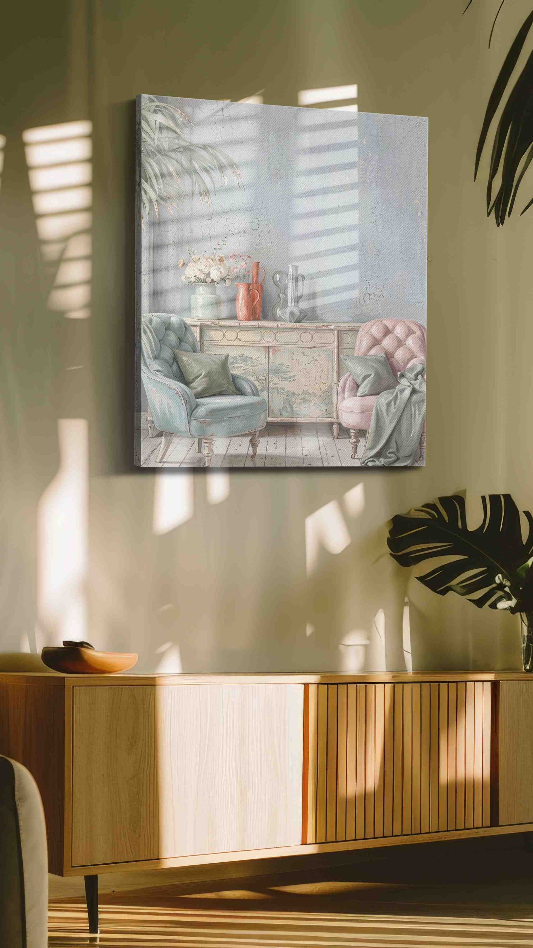 Blush & Blue Reverie vintage canvas wall art in a contemporary interior mockup