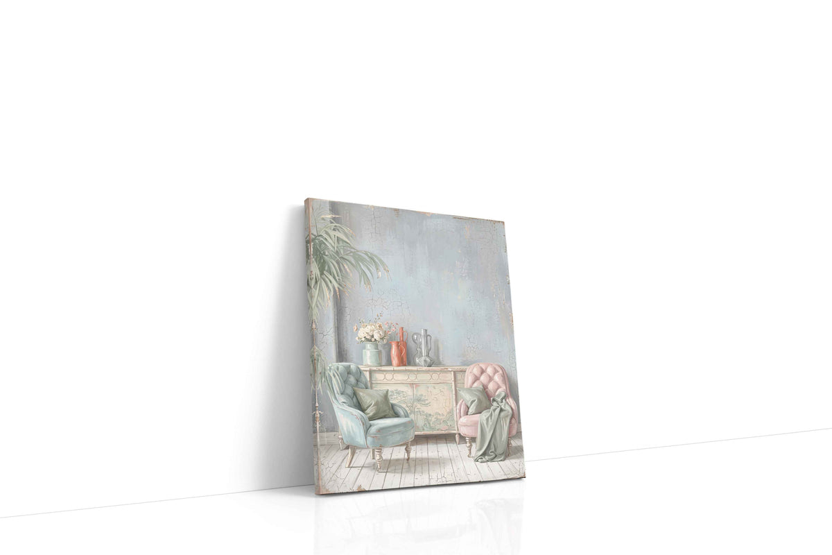 Blush & Blue Reverie vintage canvas wall art displayed above a sofa in a modern living room