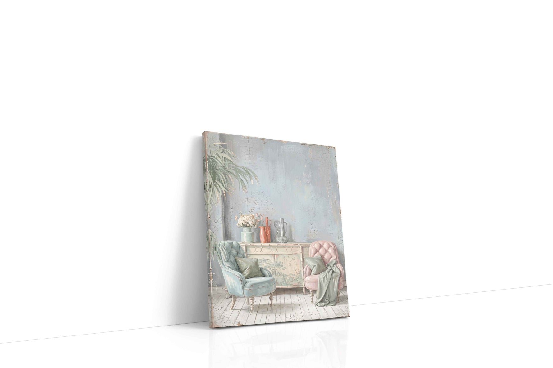 Blush & Blue Reverie vintage canvas wall art displayed above a sofa in a modern living room