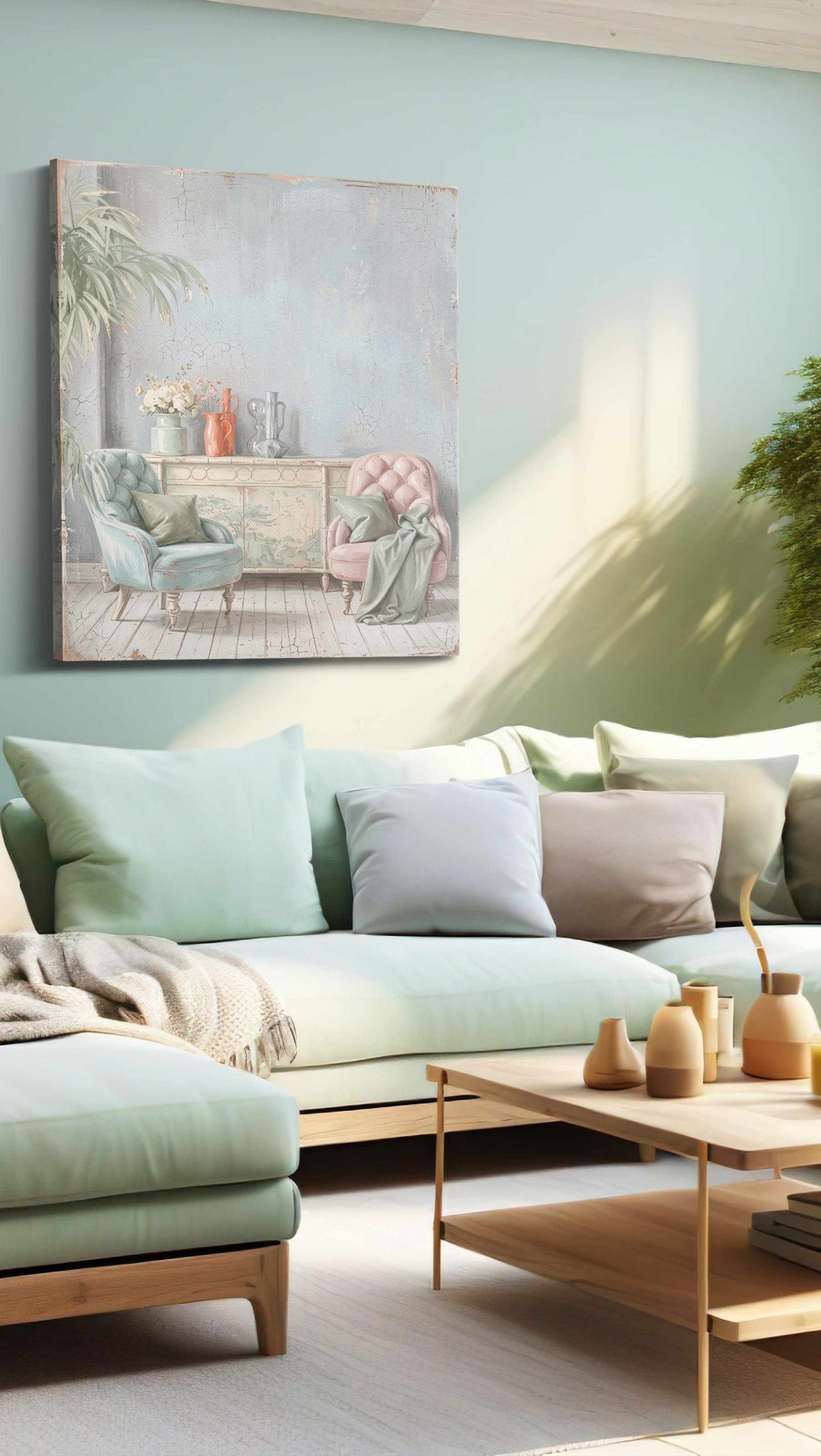 Blush & Blue Reverie - Vintage Wall Art, Retro Canvas Print, Classic Decor