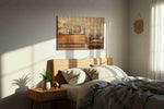 Broadcasts in Amber Light vintage canvas wall art displayed above a bed in a styled bedroom scene