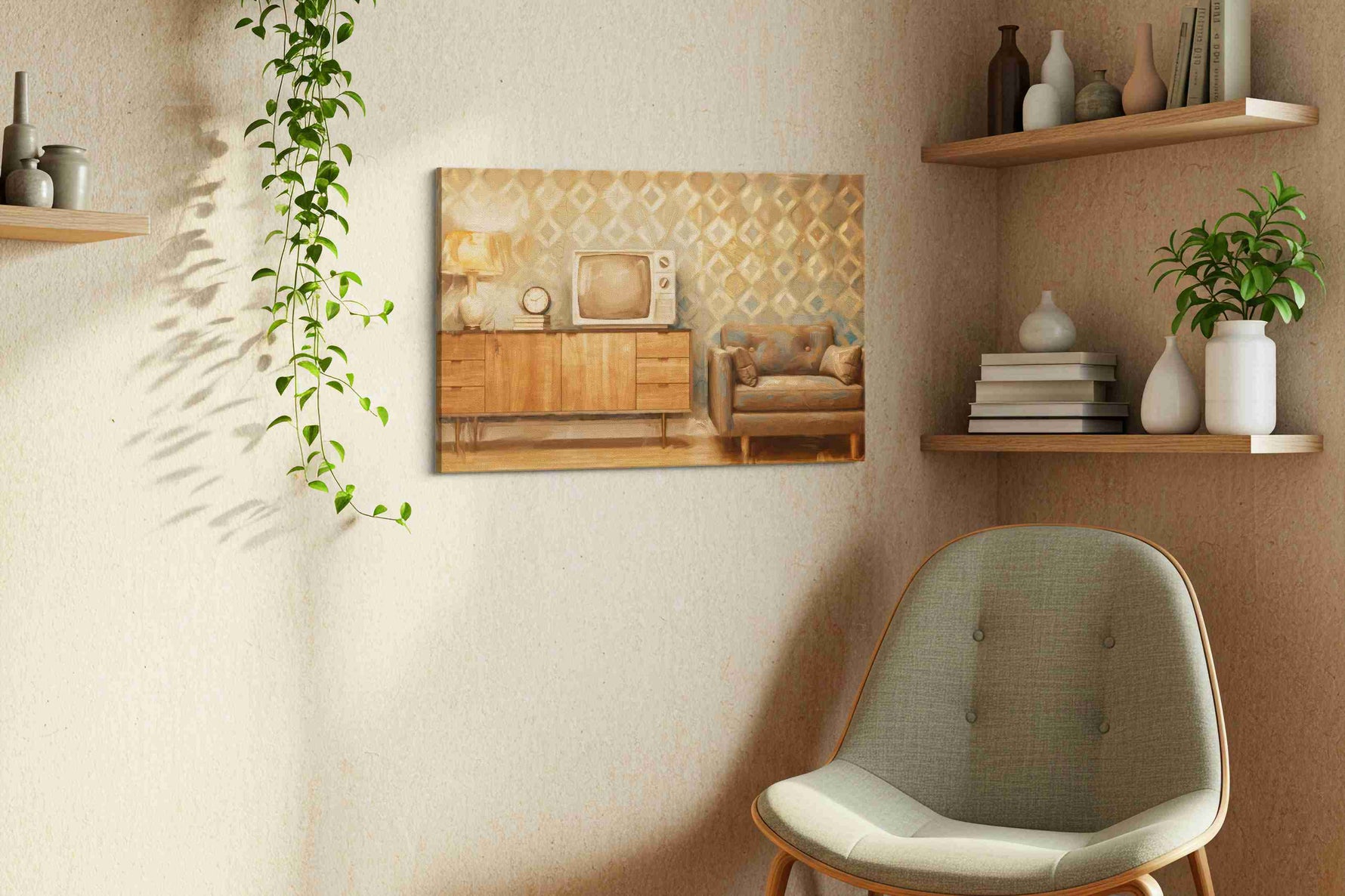 Broadcasts in Amber Light vintage canvas wall art styled in a living room
