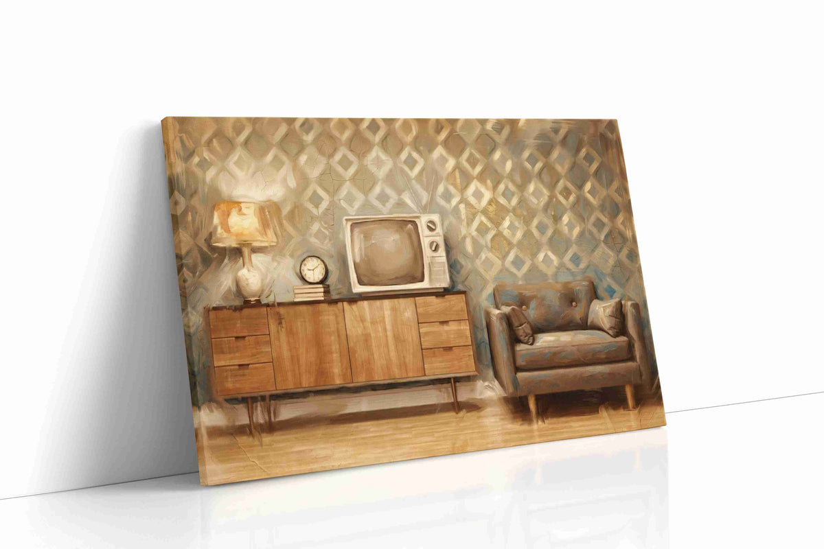 Broadcasts in Amber Light vintage canvas wall art displayed above a sofa in a modern living room