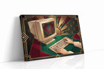 Deco Dawn of Digital vintage canvas wall art displayed above a sofa in a modern living room
