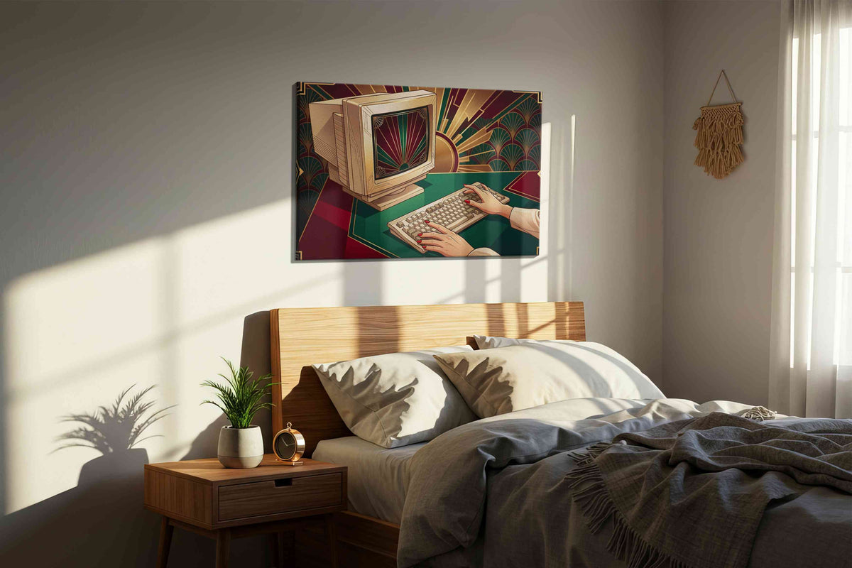 Deco Dawn of Digital vintage canvas wall art displayed above a bed in a styled bedroom scene
