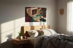 Deco Dawn of Digital vintage canvas wall art displayed above a bed in a styled bedroom scene