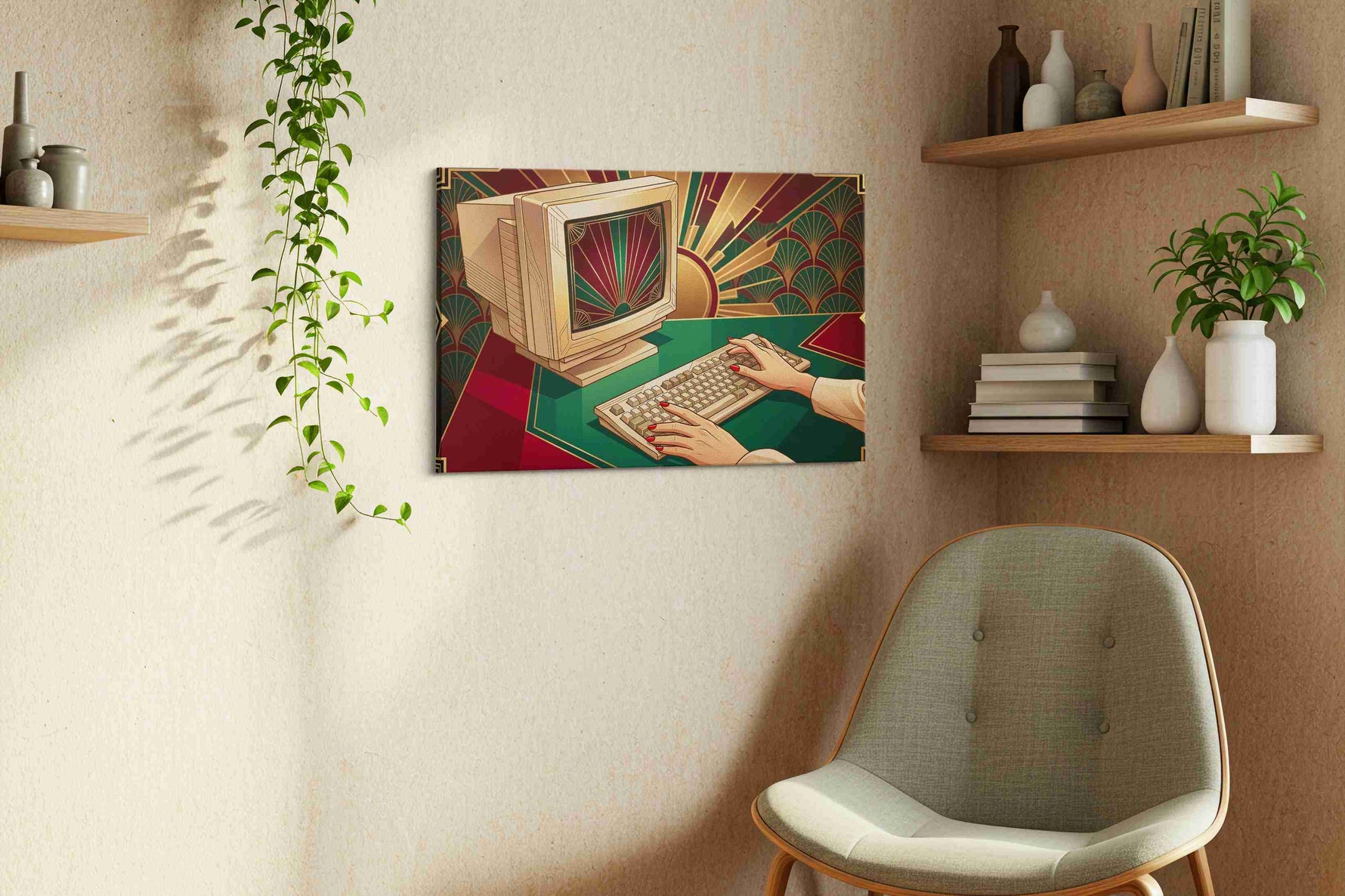 Deco Dawn of Digital vintage canvas wall art displayed above a bed in a contemporary bedroom