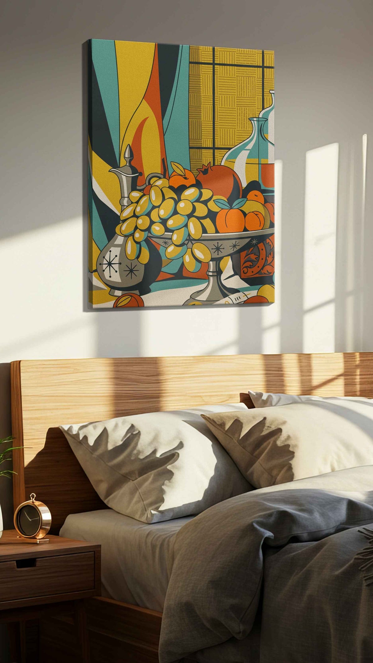 Sunlit Harvest Sonata vintage canvas wall art displayed above a bed in a styled bedroom scene