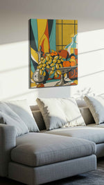 Sunlit Harvest Sonata vintage canvas wall art displayed above a sofa in a styled living room scene