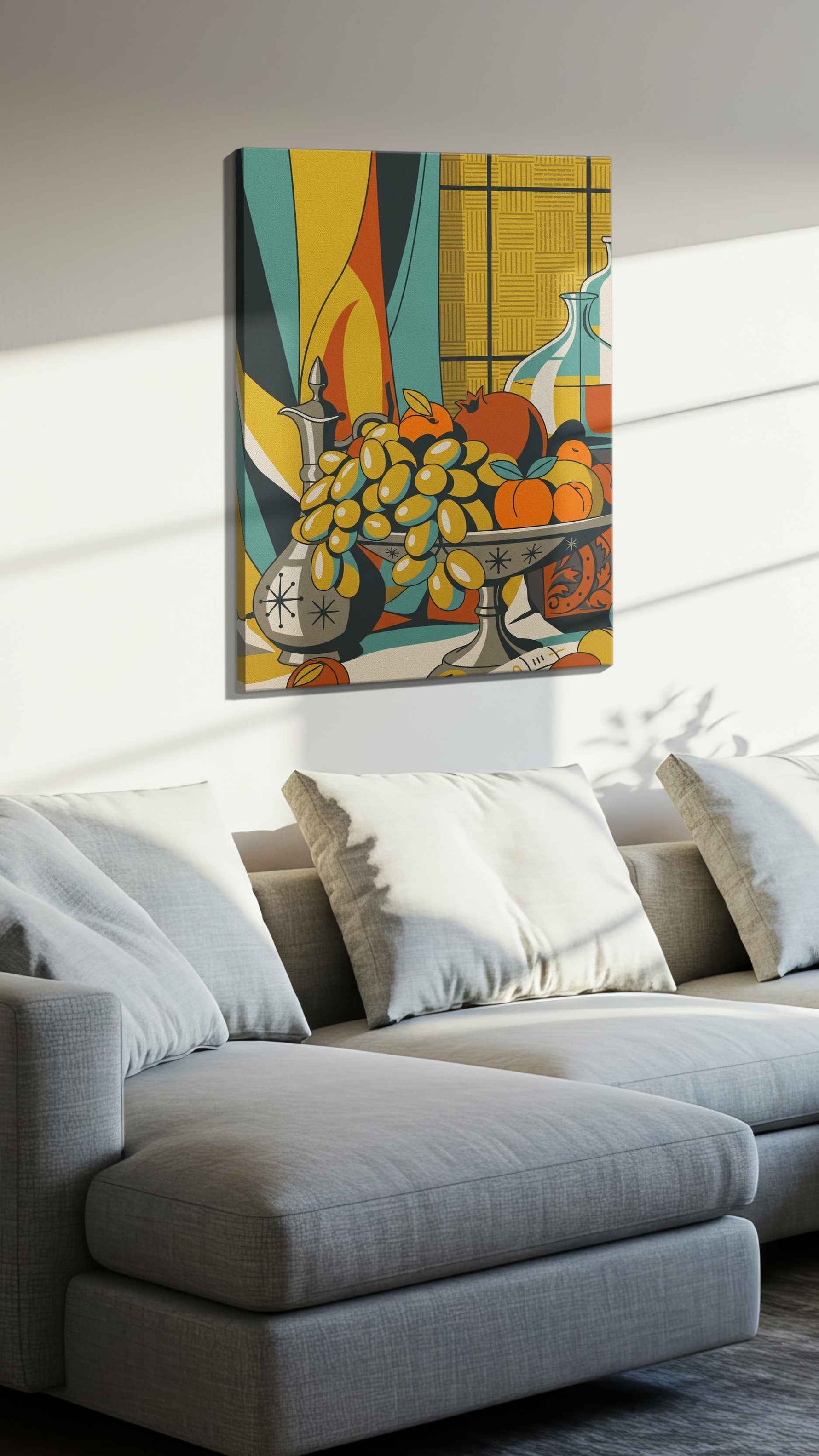 Sunlit Harvest Sonata vintage canvas wall art displayed above a sofa in a styled living room scene