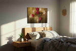 Velvet Peonies at Dusk vintage canvas wall art displayed above a bed in a styled bedroom scene
