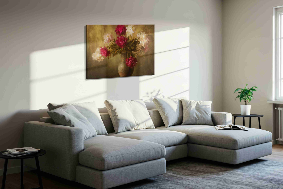 Velvet Peonies at Dusk vintage canvas wall art displayed above a sofa in a styled living room scene