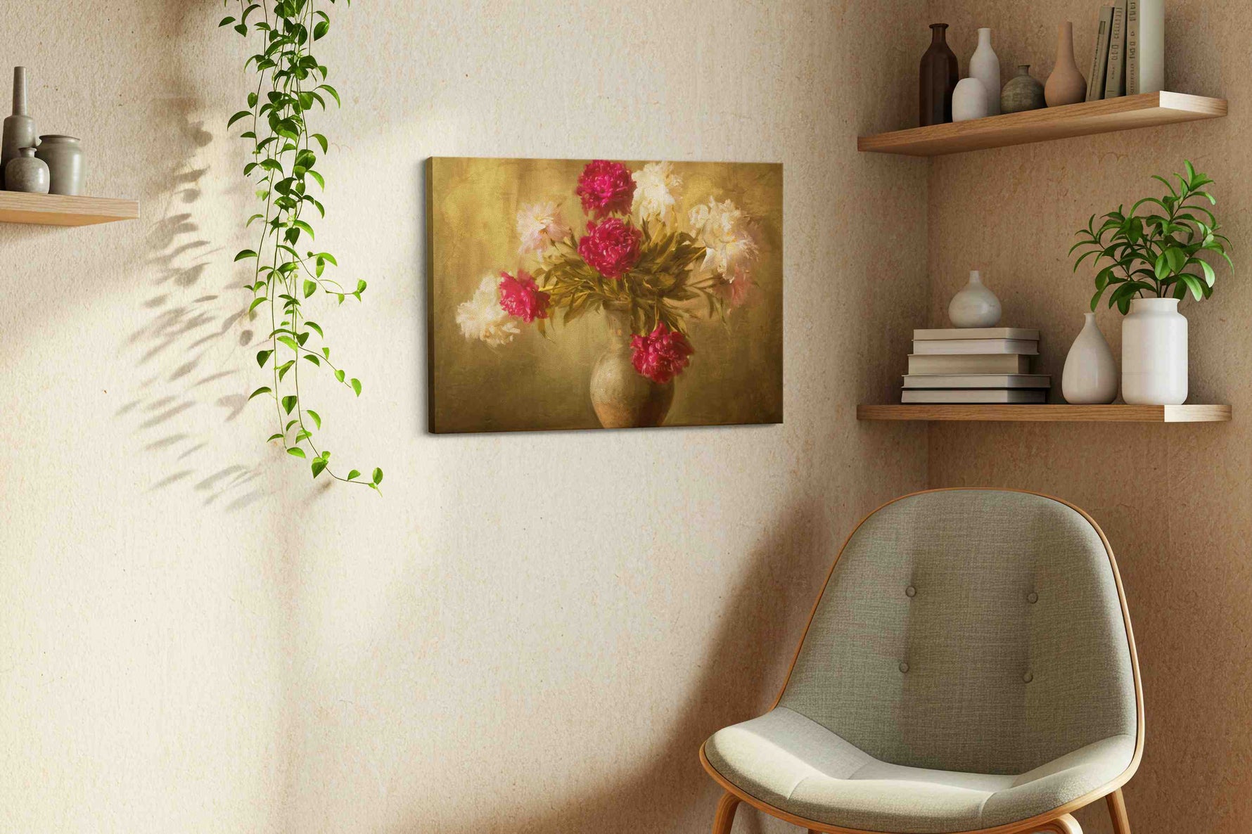 Velvet Peonies at Dusk vintage canvas wall art styled in a living room