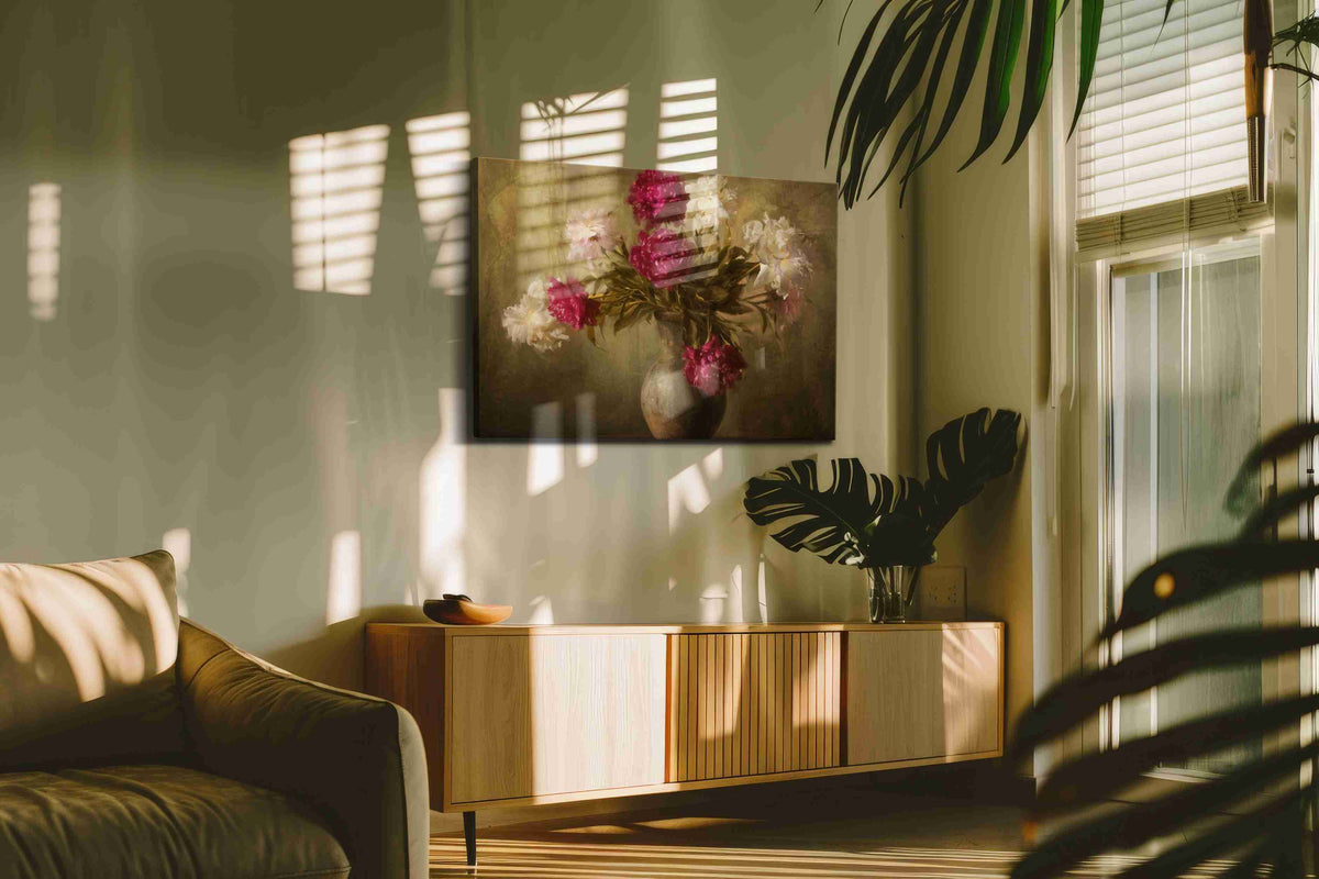 Velvet Peonies at Dusk vintage canvas wall art in a contemporary interior mockup