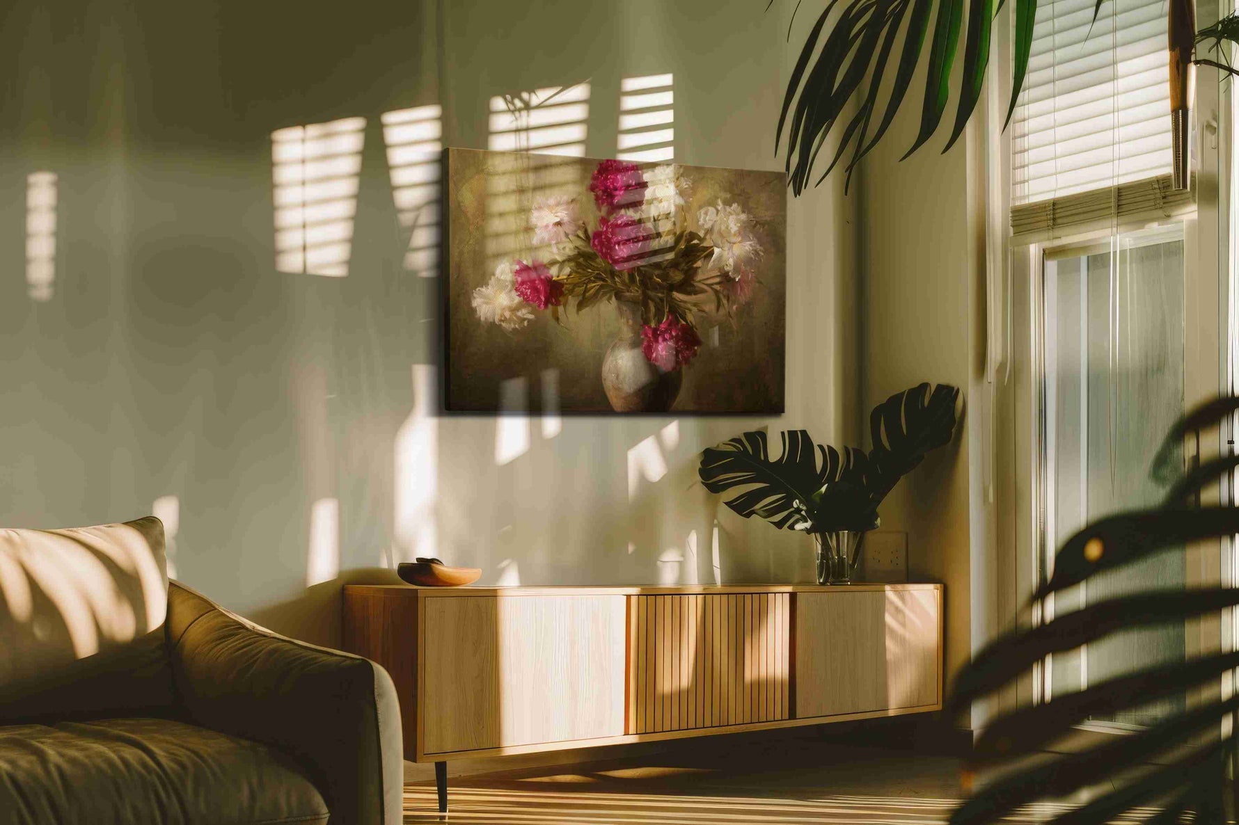 Velvet Peonies at Dusk vintage canvas wall art in a contemporary interior mockup