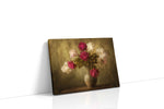 Velvet Peonies at Dusk vintage canvas wall art displayed above a sofa in a modern living room